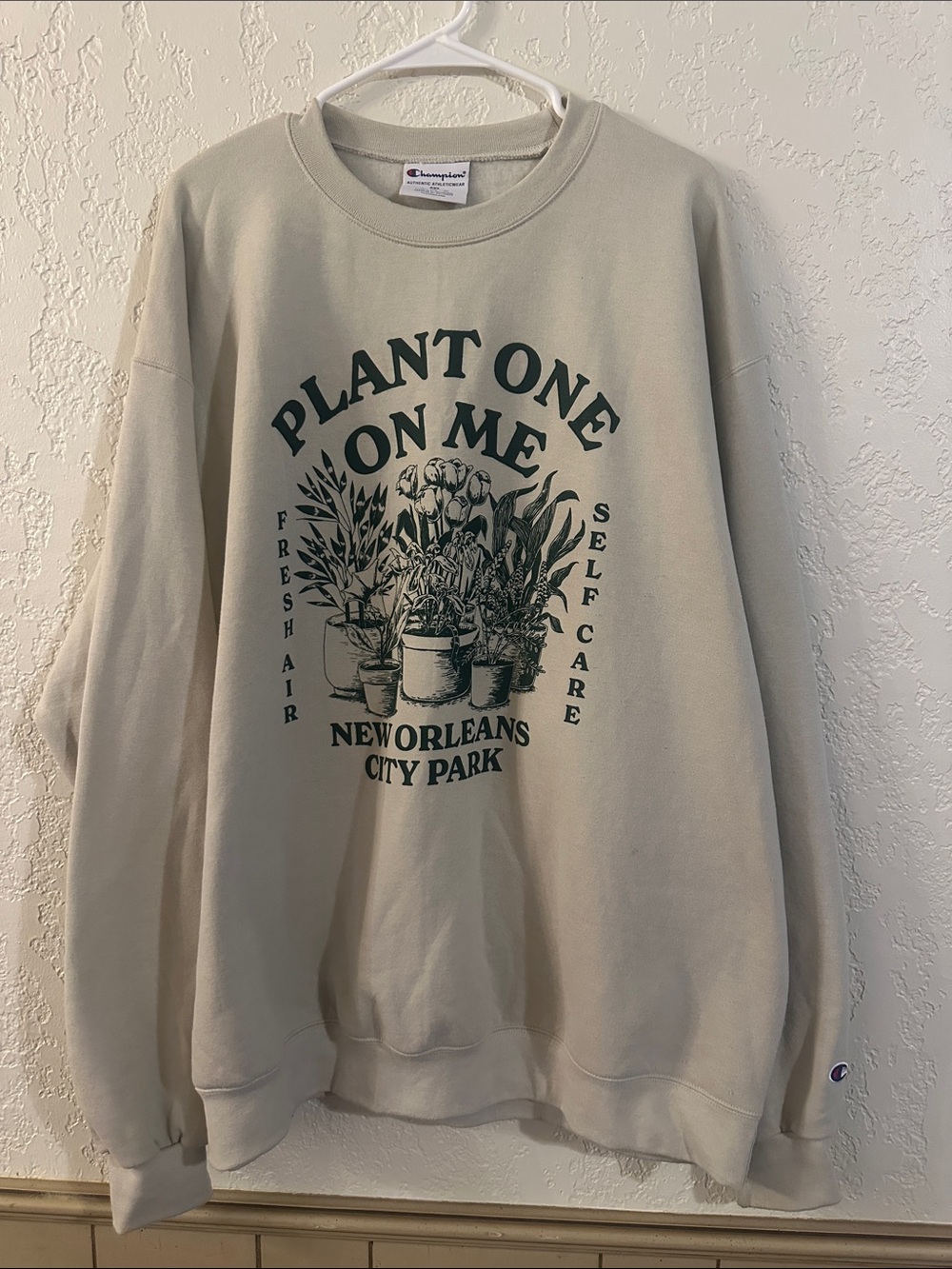 Champion Beige Crewneck with Dark Green Botanical Graphic